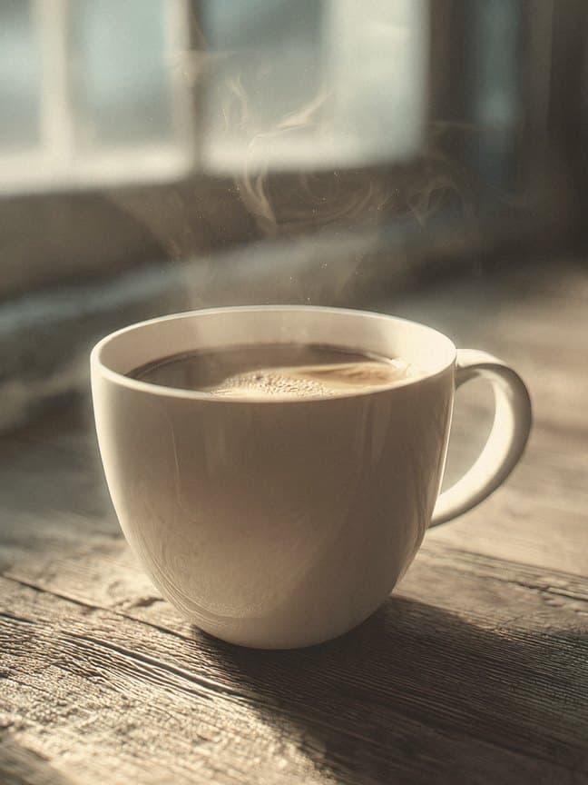 A cup of coffee steaming on a wooden table by a window.
